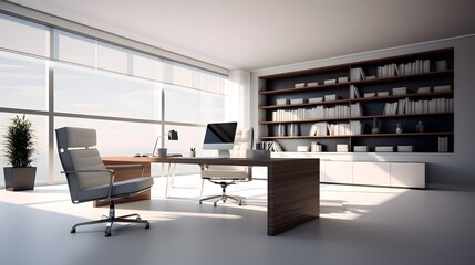 Modern office with large bookshelf