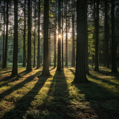 A shadowy forest with towering trees and a mysterious atmosphere.