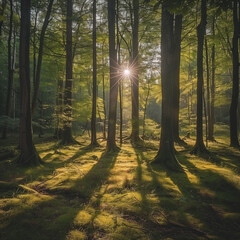 A dense, dark forest with tall trees and thick undergrowth.