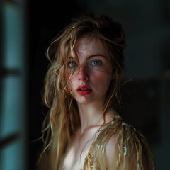 Portrait of a woman with blonde hair and red lipstick.
