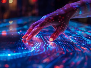 Close-up of a hand moving on a touch screen, futuristic style. Interactive screen with projected holograms. Ai generative
