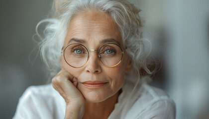Retrato de Corpo de Idosa Brasileira Elegante com Roupa Branca e &Oacute;culos, Fundo Branco, Fotorealismo IA Generativa