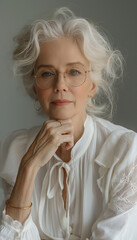 Retrato de Corpo de Idosa Brasileira Elegante com Roupa Branca e &Oacute;culos, Fundo Branco, Fotorealismo IA Generativa