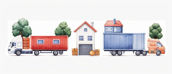 Fototapeta premium Imagine a cute, kawaii watercolor scene of logistics, isolate on a white background, with cheerful trucks and warehouses working in harmony