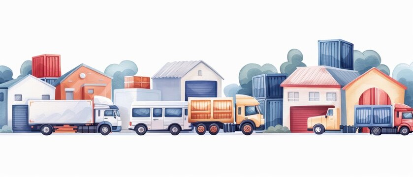 Imagine a cute, kawaii watercolor scene of logistics, isolate on a white background, with cheerful trucks and warehouses working in harmony