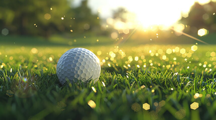 Golf ball on the tee with a green grass background and bokeh light in the style of a sunset for a sport and outdoor lifestyle concept