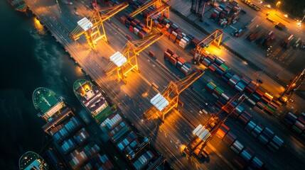 Obraz premium Futuristic container terminal at dusk, showcasing global trade efficiency, emphasizing maritime operations precision and activity, high quality image capturing sleek lines and bustling activity.