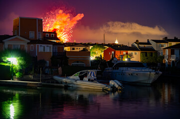 Travel and summer vacation destination, night view on houses, roofs, canals and boats in Port Grimaud, Var, Provence, French Riviera, France