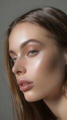 Fototapeta premium Hair care, beauty glow, confident woman portrait, keratin treatment results. Face shine, girl model studio on grey background, wellness, natural growth,