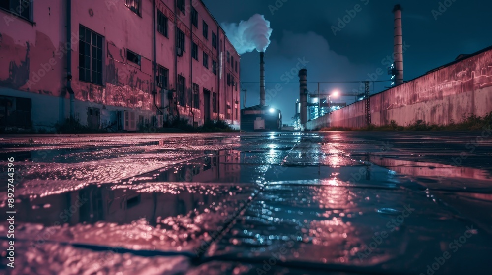 Wall mural vintage wet pavement in front of old pink industrial buildings with large factory chimneys in backgr