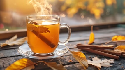 Steaming apple cider with autumn leaves