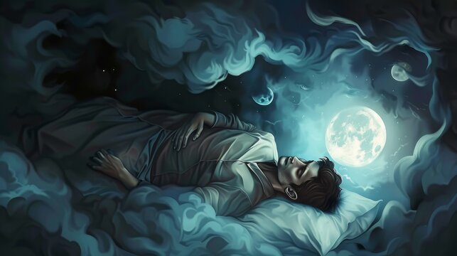 Sleep paralysis description, graphic design, concept, fear, nightmare, dream, isolated, surreal, horror, subconscious, psychological.