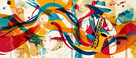 Obraz premium Colorful abstract art featuring a jazz musician playing the saxophone with vibrant swirls of color surrounding him