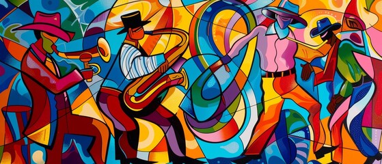 Fototapeta premium Vibrant, abstract painting of musicians and dancers celebrating with colorful, geometric shapes and dynamic movement in a festive atmosphere.
