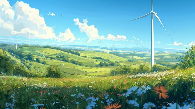 A picturesque landscape features rolling green hills, dotted with colorful wildflowers and wind turbines beneath a bright, clear blue sky with fluffy clouds