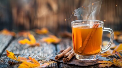 Steaming apple cider with autumn leaves