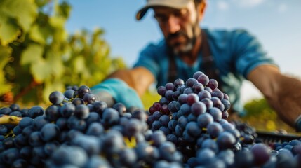 A person in a blue shirt and hat is harvesting ripe, blue grapes in a beautiful vineyard on a bright sunny day, capturing the essence of winemaking and agriculture.