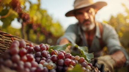 A farmer with a straw hat harvesting ripe grapes in a sunny vineyard, surrounded by grapevines and...