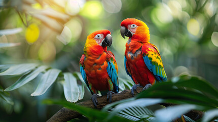 Obraz premium Exotic Tropical Birds in Lush Foliage with Copy Space Background