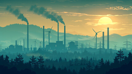 Futuristic Industrial Energy Generation Illustration with Power Plants and Turbines on Clean Background for Copy Space