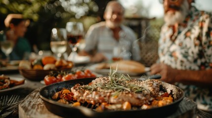 A rustic outdoor dining scene featuring a delicious grilled steak atop a bed of roasted vegetables, surrounded by friends enjoying a hearty, communal meal with wine and conversation.