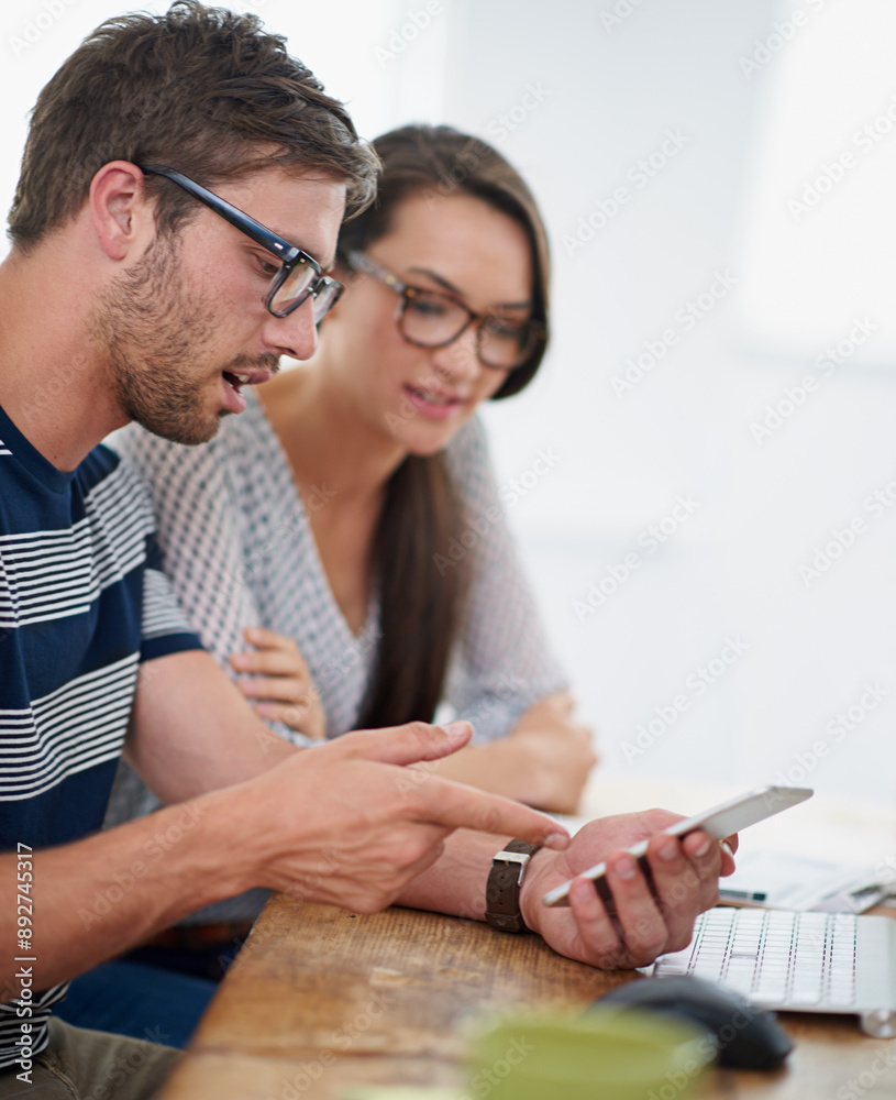 Poster Business people, collaboration and phone in office for planning, research and app development. Programming team, workers and mobile with wireframe update, check algorithm and link for seo statistics