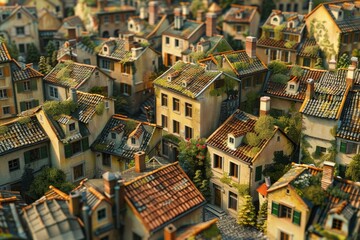 Naklejka premium Aerial view of a charming old european village basking in the warm golden hour light