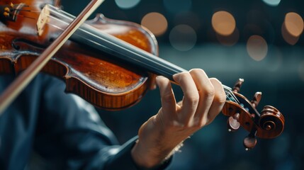 A focused shot on the hand of a musician pressing the strings of a violin during a concert,...