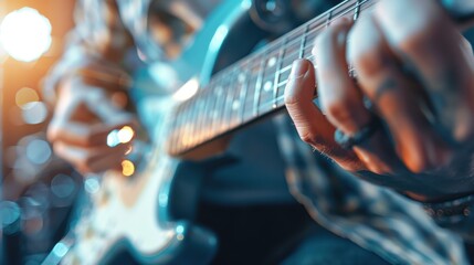 Naklejka premium Close-up of a musician passionately playing an electric guitar on stage, highlighting the texture of the instrument, the musician's focused fingers, and the dynamic stage lights.