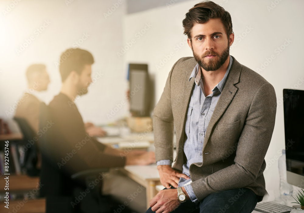 Poster Serious, supervisor and web development with portrait of man in office for design or programming. Administration, desk or management and confident developer person in workplace with team of staff