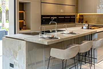 A modern kitchen with open design, featuring an island with a built-in sink and stylish bar seating. Stunning, crisp, vivid, detailed, high-contrast, colorful,