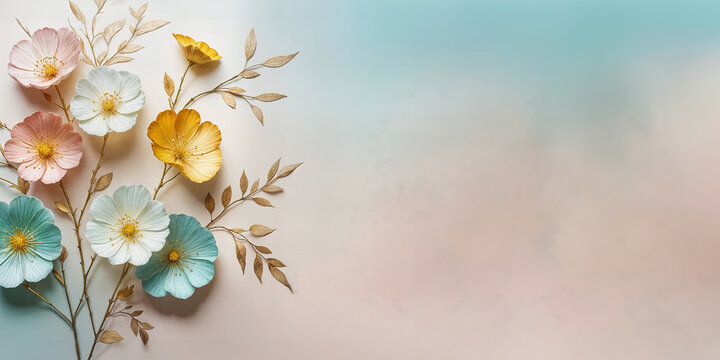 Arri&egrave;re-plan de fleurs pastel et or, espace vide pour du texte
