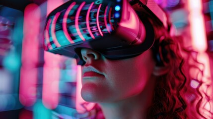 A person deeply absorbed in virtual reality, wearing a VR headset with a backdrop of bright, colorful neon lights, highlighting the advanced technology and immersive nature of VR.