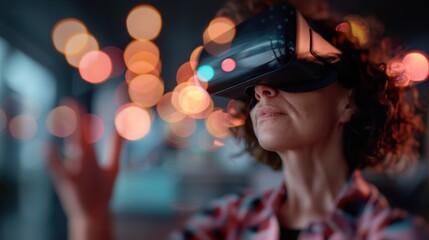A person with curly hair is using a VR headset, surrounded by colorful bokeh lights, creating a vibrant and immersive environment.