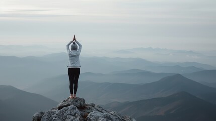 Obraz premium A person in a hoodie and leggings is seen from behind, standing on a mountain peak and practicing yoga, with a breathtaking view of the vast mountain ranges extending into the distance.