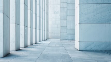 An image presenting a corridor of white architectural columns that create a symmetrical and minimalist visual effect, emphasizing grandeur and simplistic beauty.