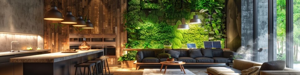 An eco-friendly living room with sustainable materials, solar lighting, reclaimed wood furniture, and a vertical garden wall, promoting a green lifestyle.