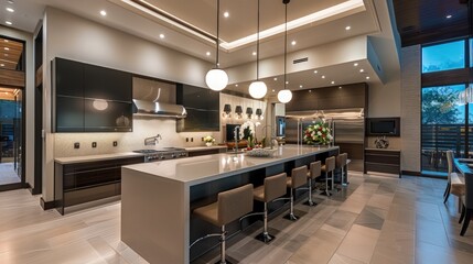 An elegant kitchen with open layout, featuring a central island, modern lighting, and high-end finishes. Stunning, crisp, vivid, detailed, high-contrast, colorful