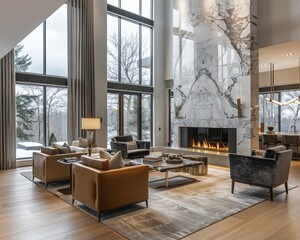 An elegant, open-concept living room featuring a modern fireplace with a marble surround, contemporary furniture in rich fabrics, large windows offering natural light, and sophisticated decor.