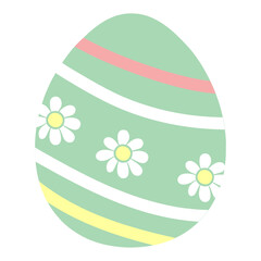 A pastel green Easter egg with pink, yellow, and white stripes, decorated with small white daisies