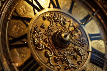 Exquisite closeup of intricate vintage clockwork detail with golden craftsmanship. Precision engineering. And ornamental brass filigree