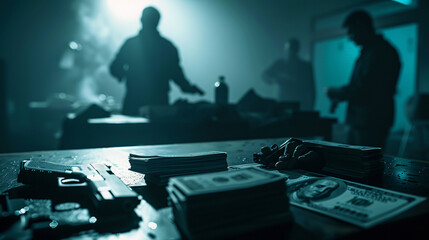 A dark, dramatic scene of organized crime with weapons and stacks of money on a table, depicting the dangerous and illicit underworld.