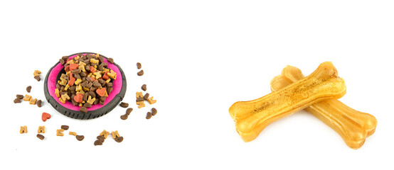 Dry food and Chewing bone isolated on a white. Collage. Free space for text. Wide photo.