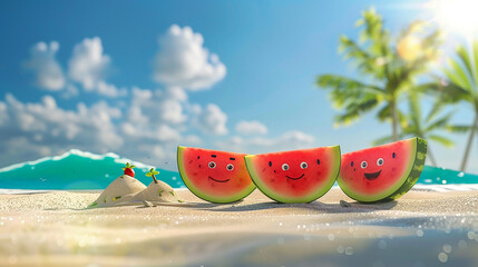 Three cheerful watermelon slices with faces enjoying a sunny beach day with sand and palm trees in the background.