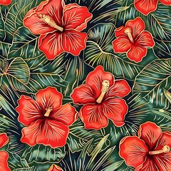 lush hibiscus flowers and leaves of malaysian batik 