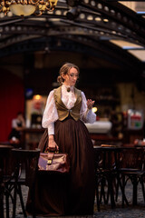 beautiful woman scientist in retro style with briefcase