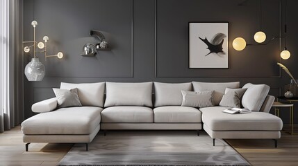 Contemporary living room with a sleek sectional sofa against a dark gray wall, adorned with chic decor and soft, ambient lighting, creating a cozy yet modern vibe with ample copy space