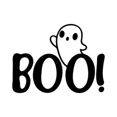 A cute, cartoon-style ghost with a simple face peeking from behind the word 