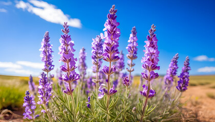 Naklejka premium Closeup Lavender Field with a Blue Sky