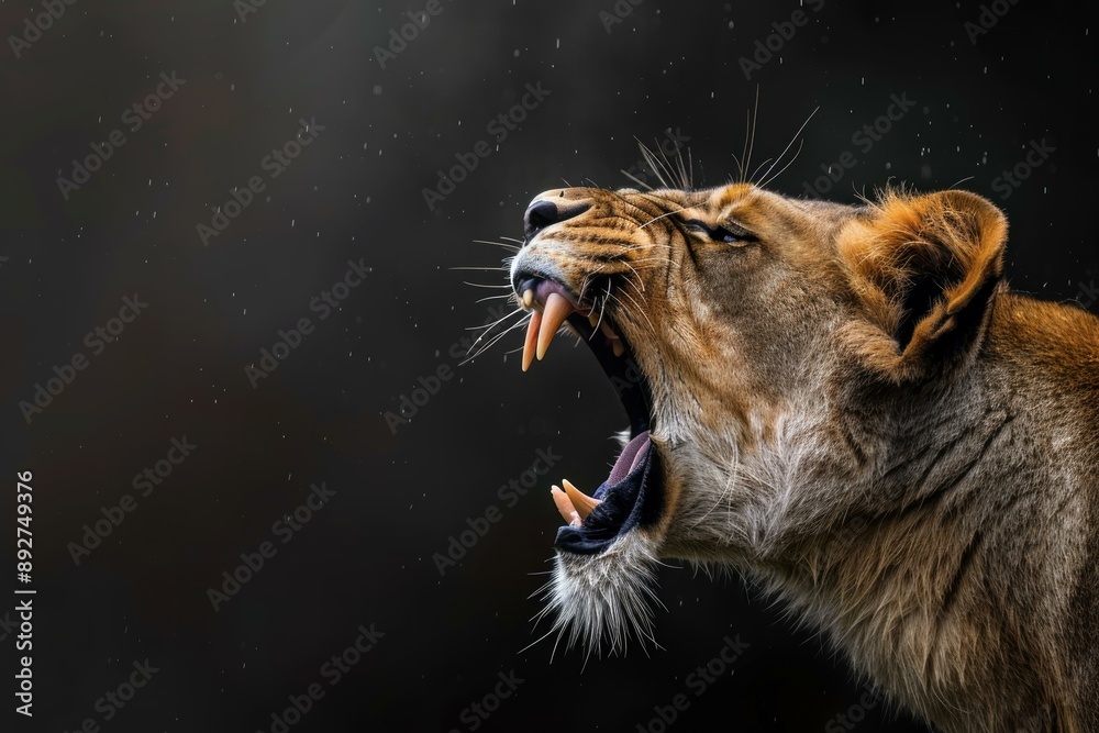 Sticker Closeup portrait of a majestic lioness roaring with a dramatic dark backdrop